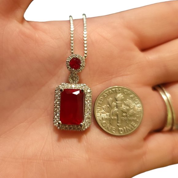 Ruby Pendant Necklace Silver Stainless Steel Emerald Cut Stone for Women - Picture 9 of 9